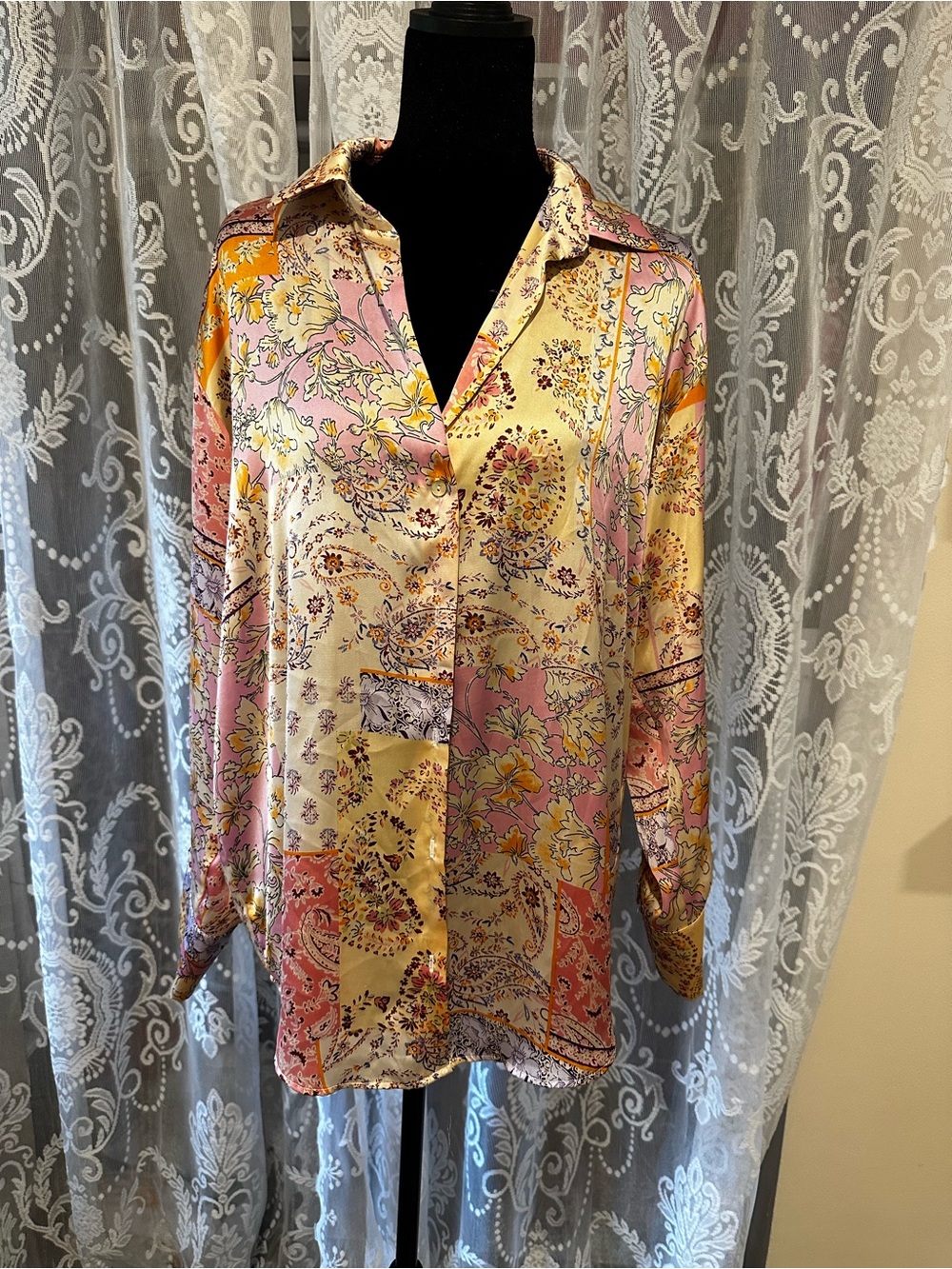 Zara Floral Patchwork Satin Button-Down Shirt - Pink & Yellow
